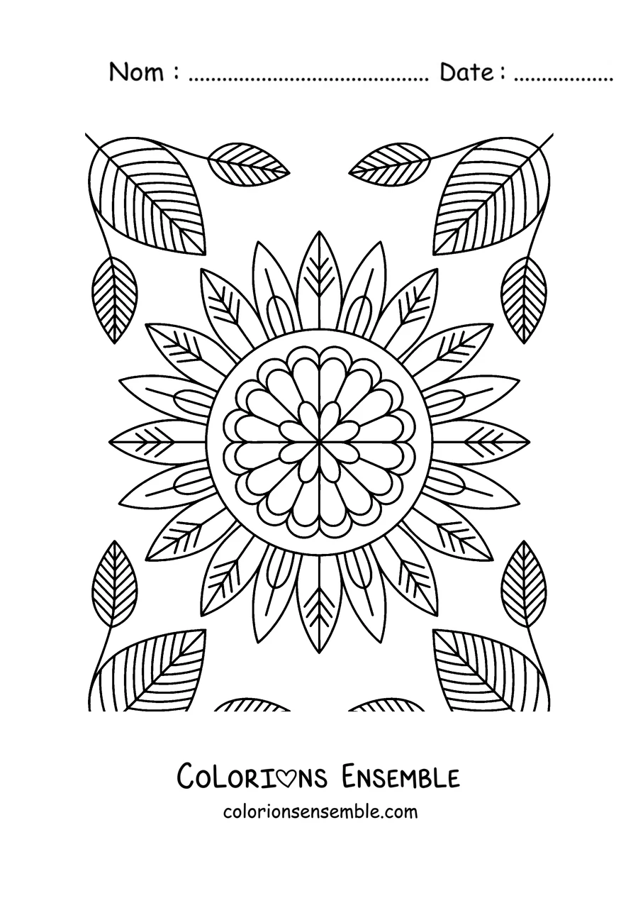 Coloriage d'un mandala de tournesol entouré de feuilles d'automne