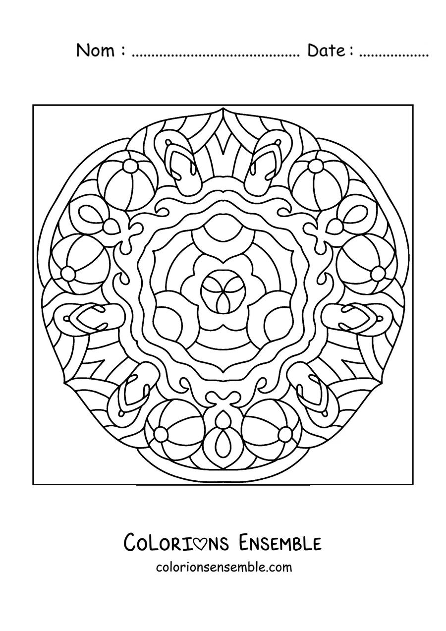 Coloriage d'un mandala d'été avec des ballons de plage et des tongs