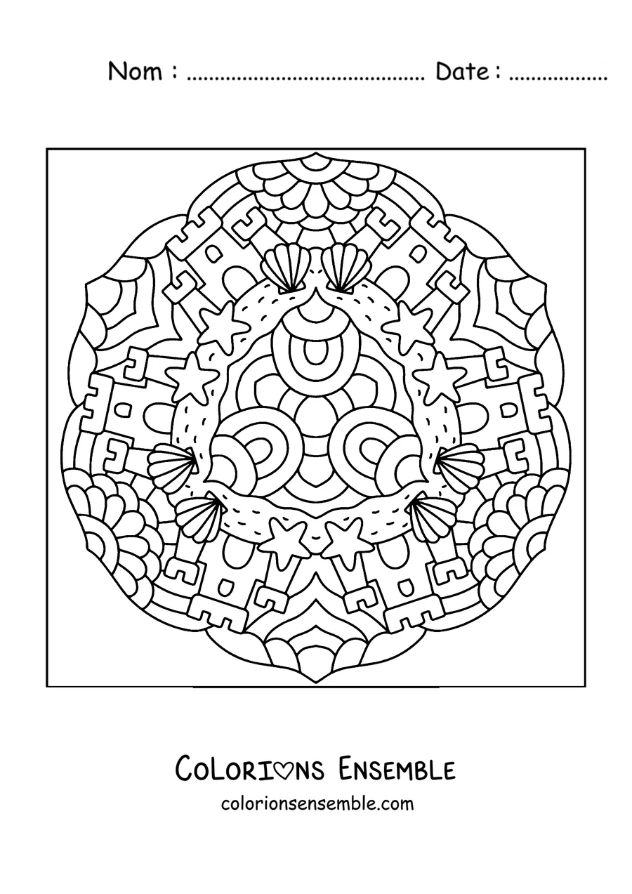 Coloriage d'un mandala d'été avec des châteaux de sable, des coquillages et des étoiles de mer