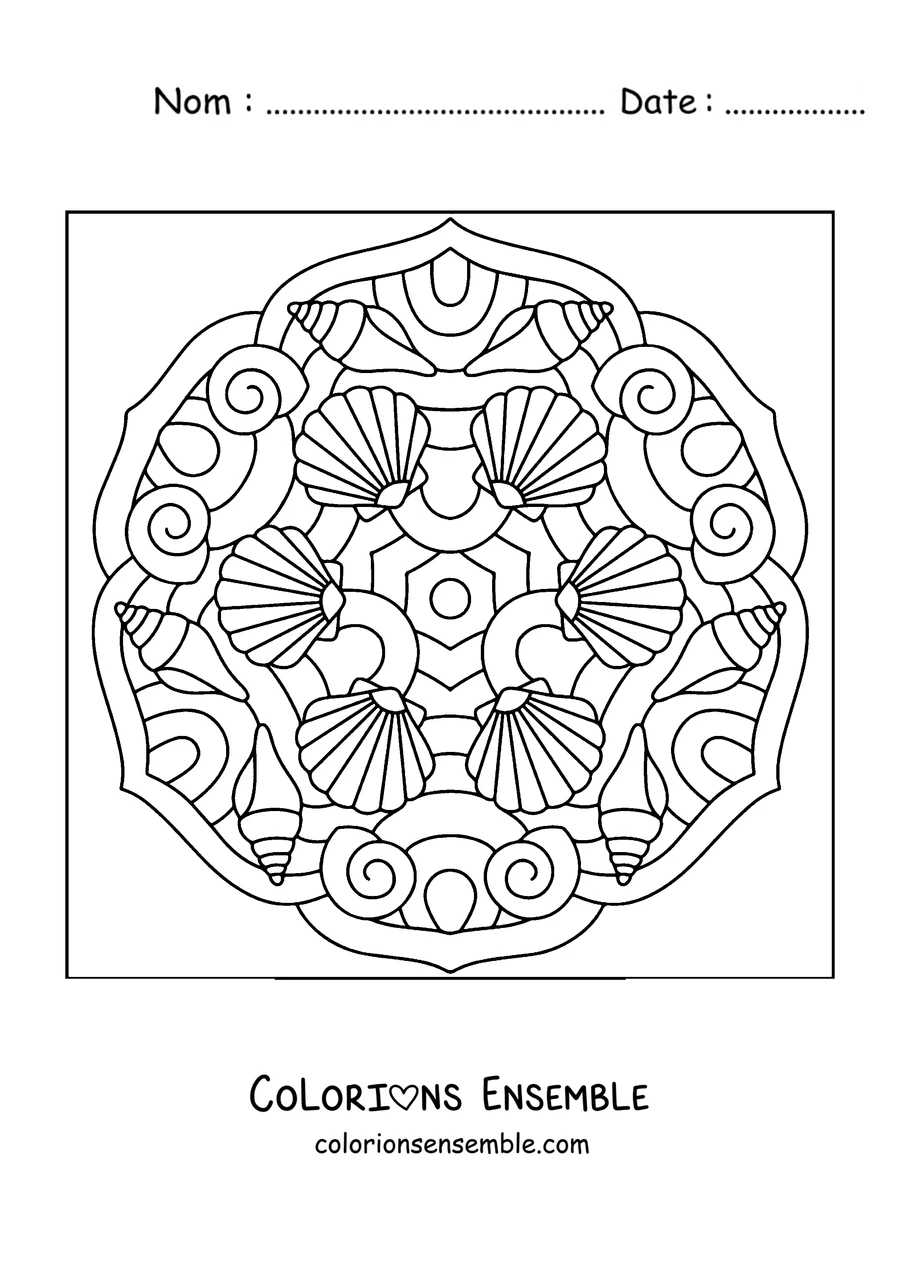 Coloriage d'un mandala d'été formé de coquillages et de conques de mer