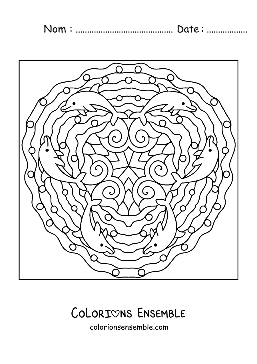 Coloriage d'un mandala d'été avec des dauphins qui sautent en cercle