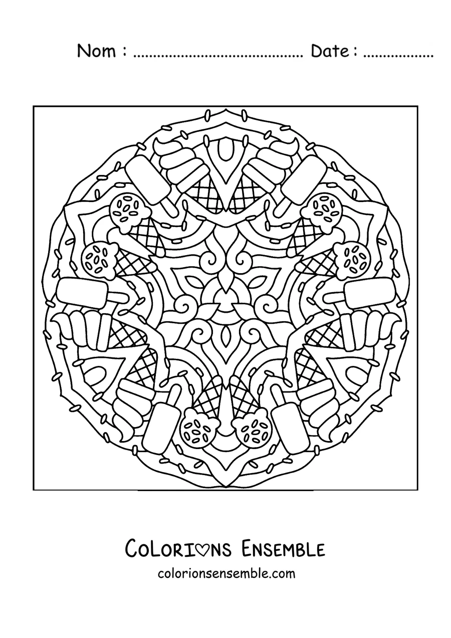 Coloriage d'un mandala d'été composé de cornets de glace et de sucettes glacées
