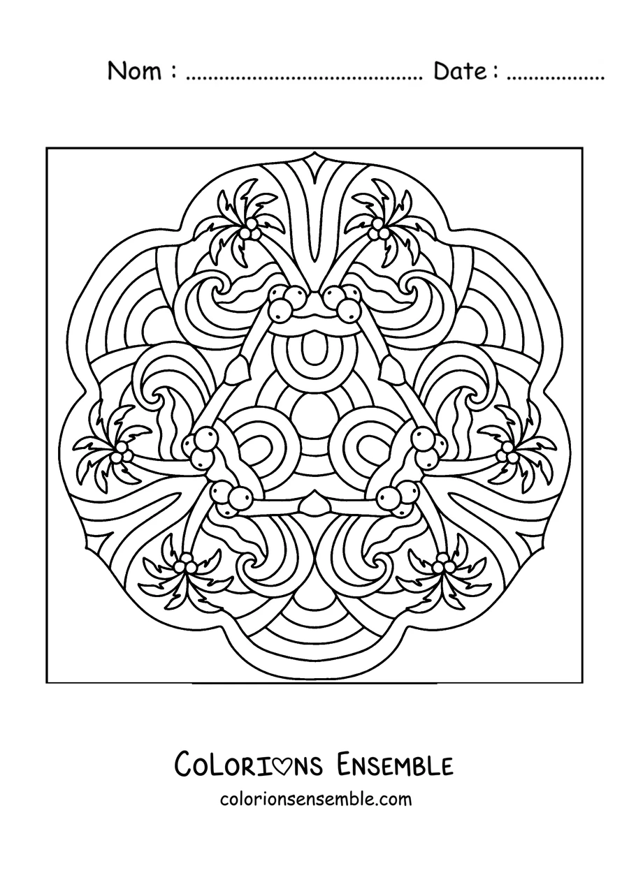 Coloriage d'un mandala d'été avec des palmiers, des noix de coco et des vagues