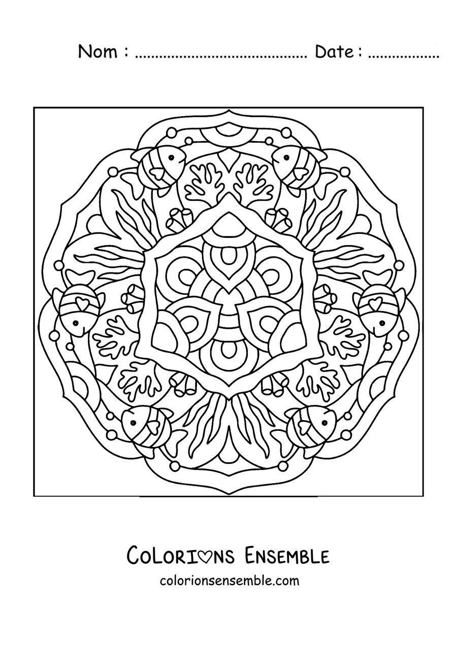 Coloriage d'un mandala d'été avec des poissons tropicaux et des coraux