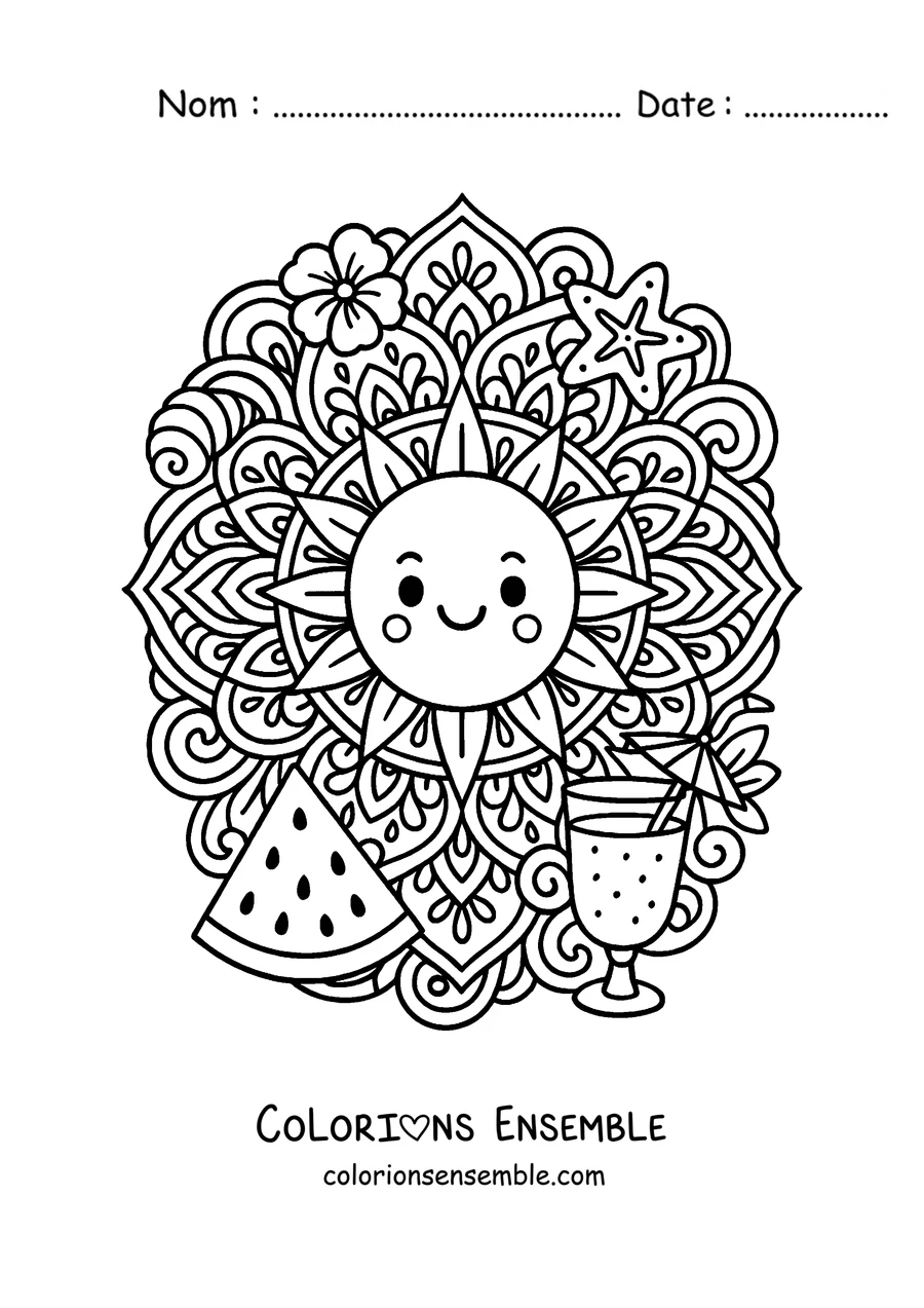 Coloriage d'un mandala d'été avec un soleil souriant, une pastèque, une fleur et une étoile de mer