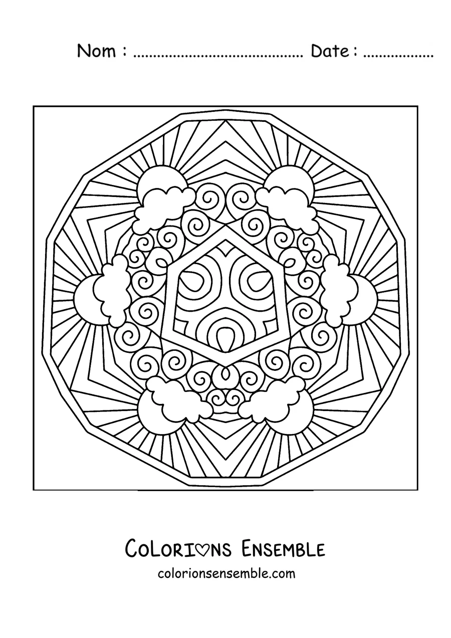 Coloriage d'un mandala d'été avec un soleil aux longs rayons et des nuages