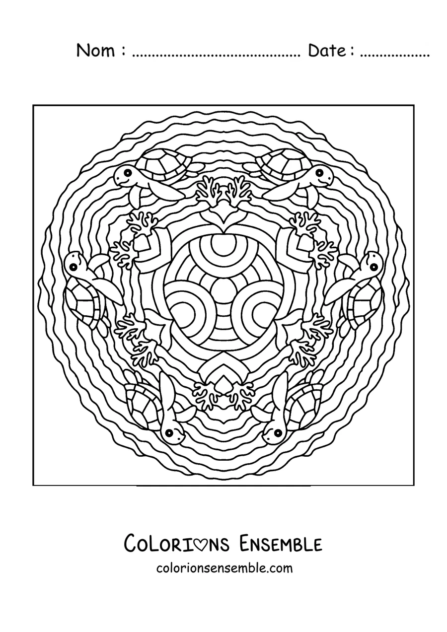 Coloriage d'un mandala d'été avec des tortues de mer et des coraux