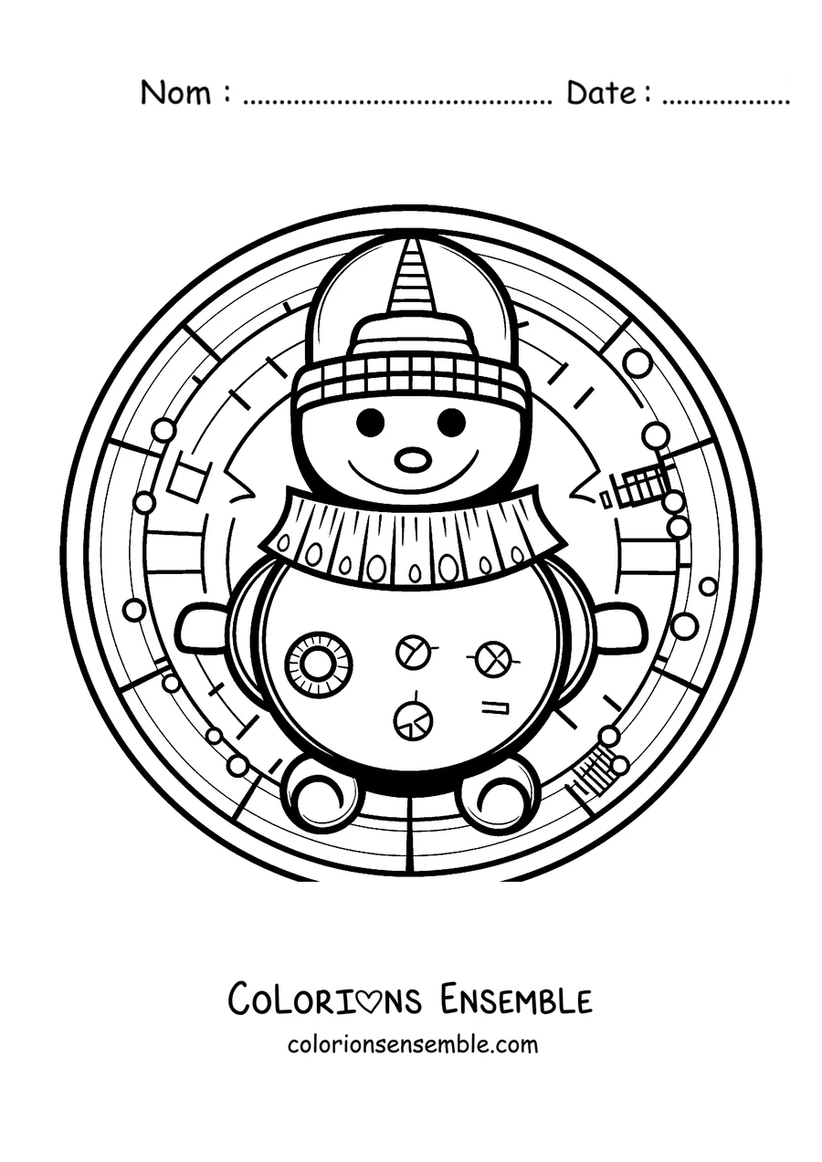 Coloriage d'un mandala d'hiver avec un bonhomme de neige portant un bonnet et une écharpe dans un cercle