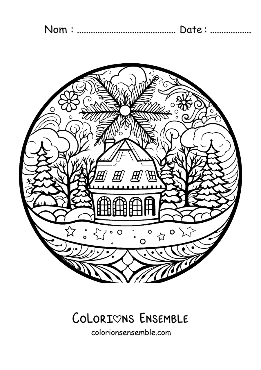 Coloriage d'un mandala d'hiver avec un chalet enneigé et des sapins à l'intérieur d'une boule à neige