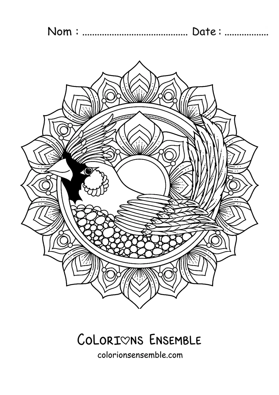 Coloriage d'un mandala d'hiver avec un oiseau cardinal entouré de pétales