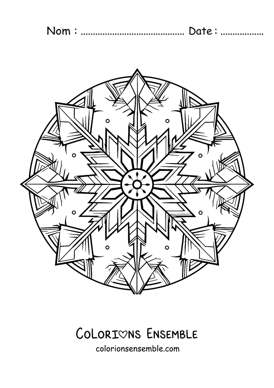 Coloriage d'un mandala d'hiver en forme de cristal de glace avec des étoiles