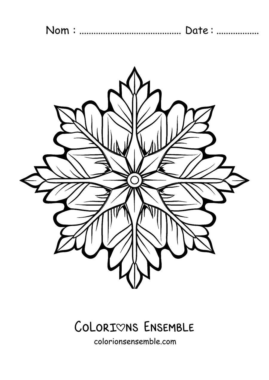 Coloriage d'un mandala d'hiver avec une grande étoile à pointes et des feuilles