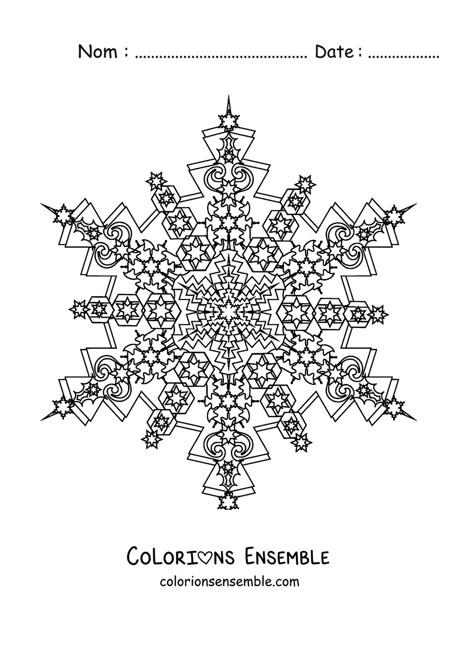 Coloriage d'un mandala d'hiver en forme de flocon de neige à six bras très détaillé
