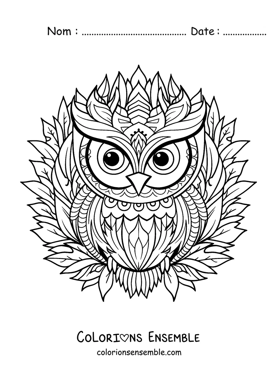 Coloriage d'un mandala d'hiver avec un hibou sur des feuilles et des formes de flocon