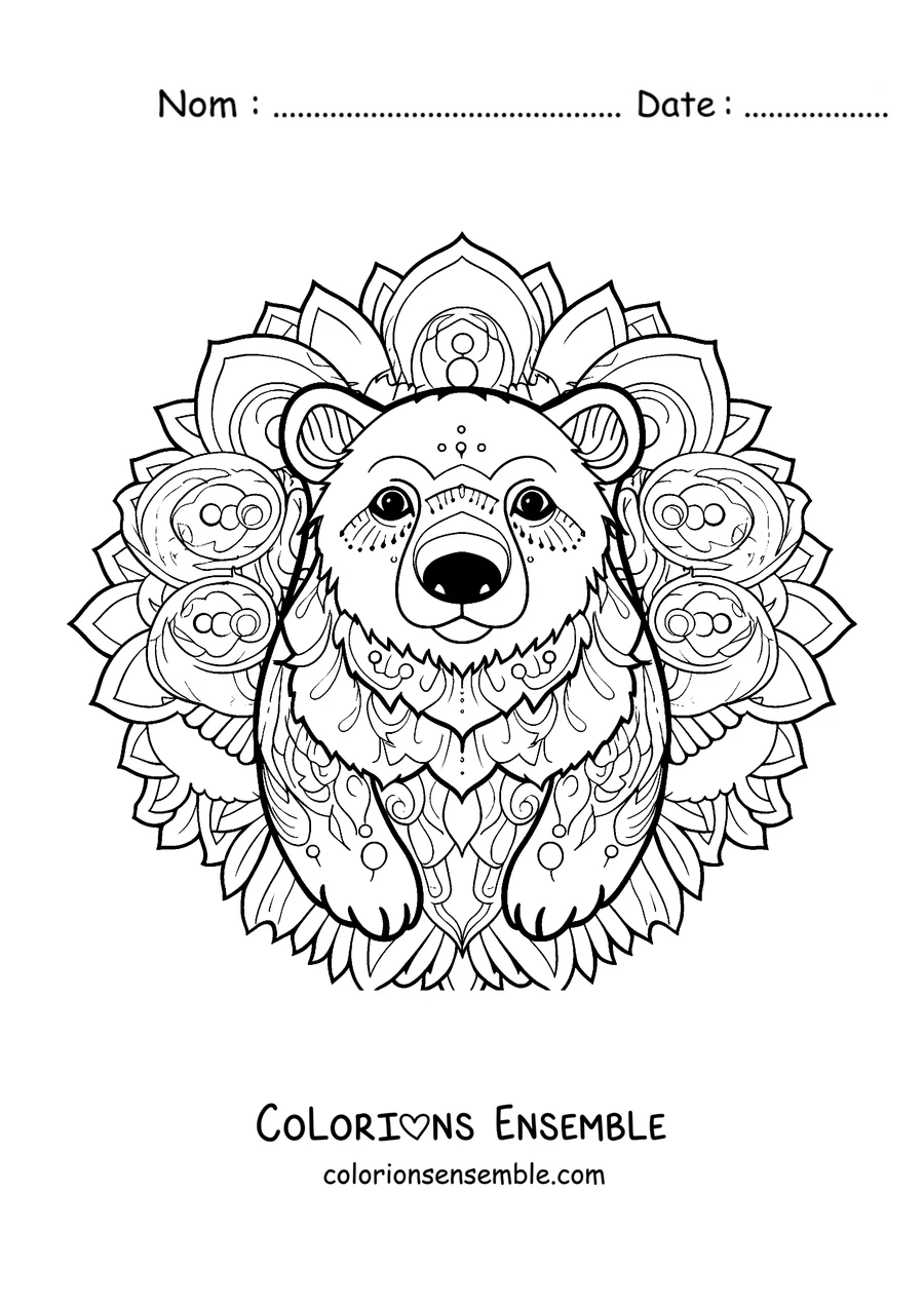 Coloriage d'un mandala d'hiver avec le visage d'un ours polaire sur des formes circulaires
