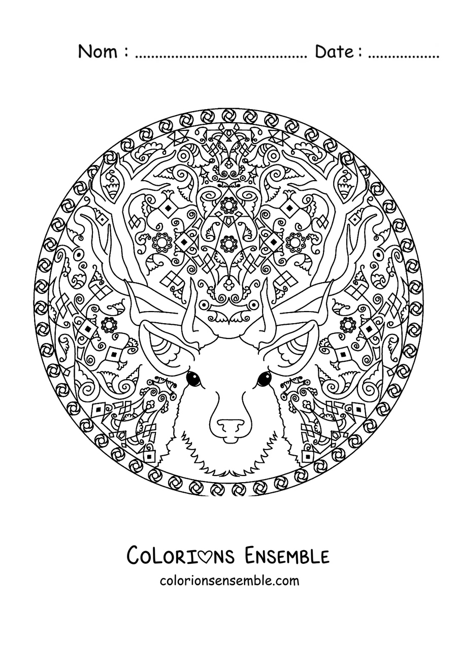Coloriage d'un mandala d'hiver avec la tête d'un renne aux grands bois