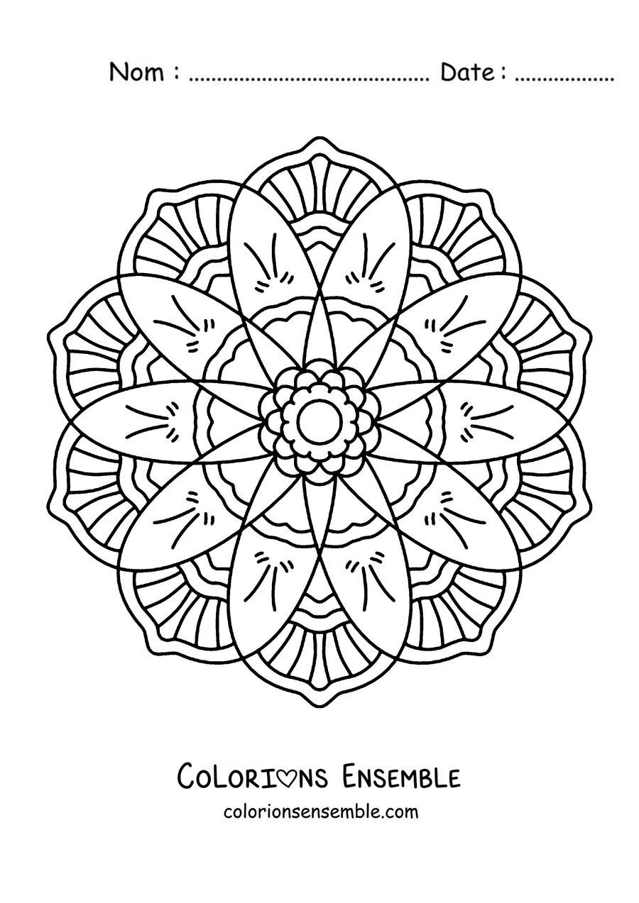 Coloriage d'un mandala de printemps rond avec de longs pétales et un anneau de fleurs