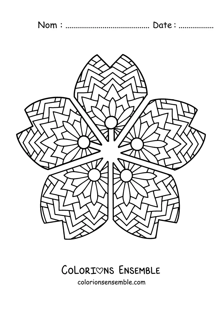 Coloriage d'un mandala de printemps en forme de fleur de cerisier à cinq pétales