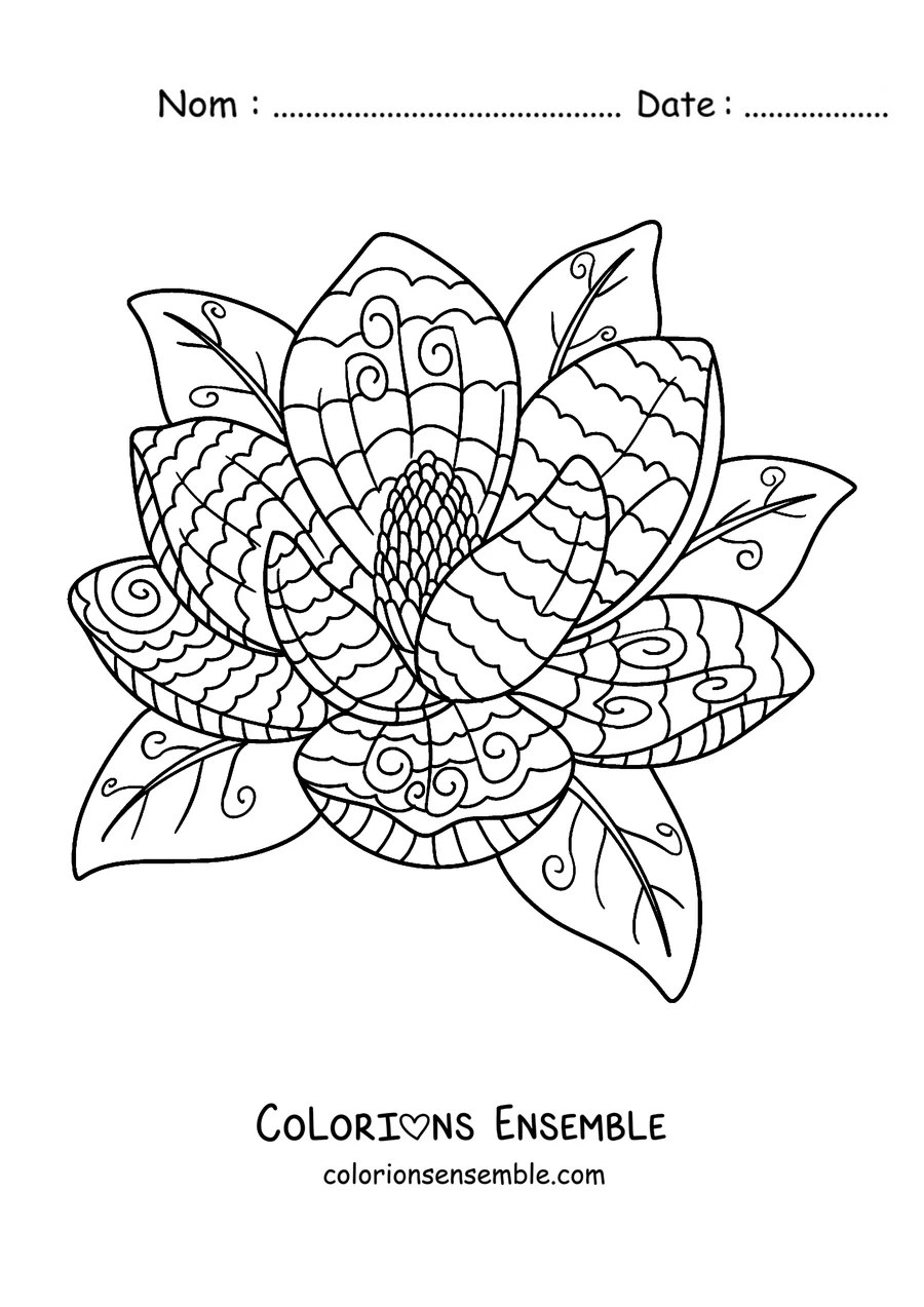 Coloriage d'un mandala de printemps en forme de fleur de magnolia avec des feuilles