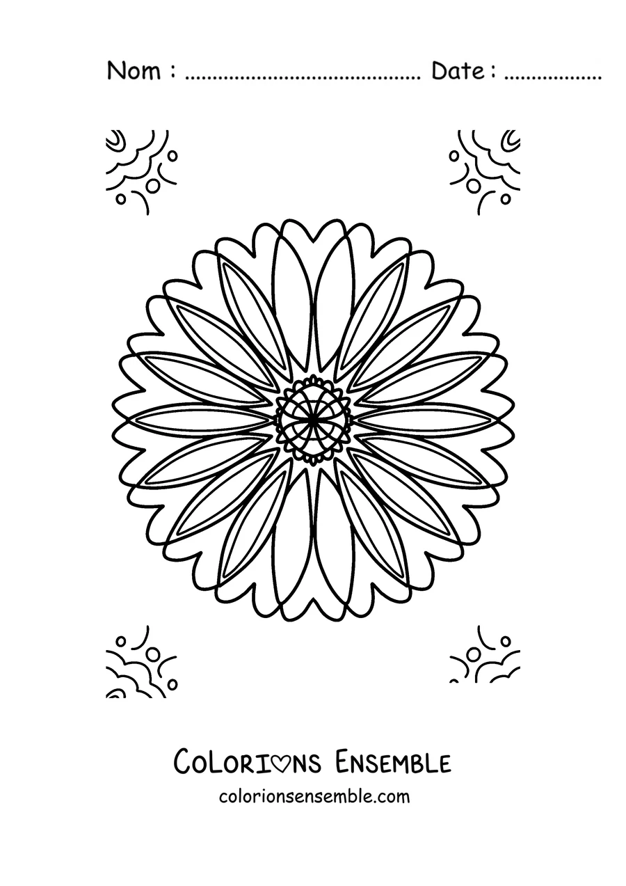 Coloriage d'un mandala de printemps en forme de marguerite à nombreux pétales