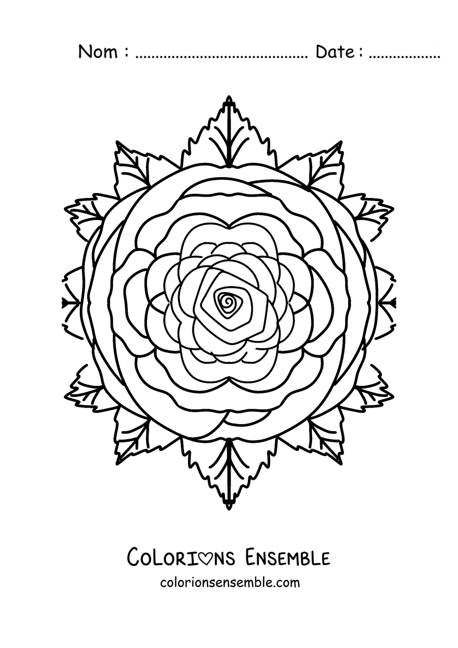 Coloriage d'un mandala de printemps avec une rose au centre et des feuilles autour
