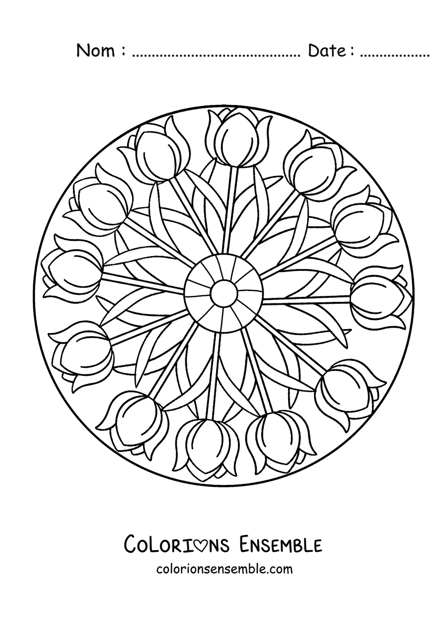 Coloriage d'un mandala de printemps avec des tulipes en cercle autour du centre
