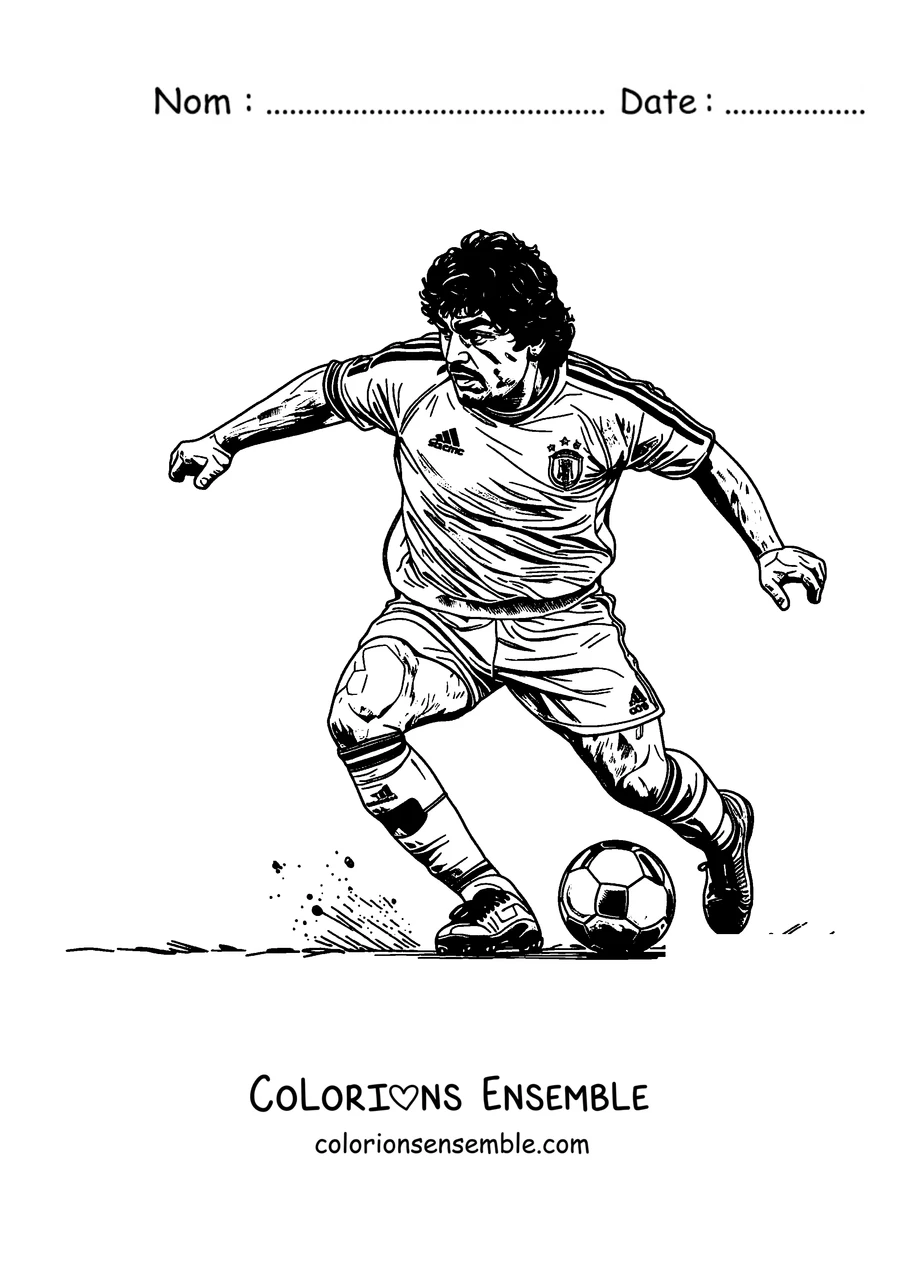 Coloriage de Maradona en action maîtrisant le ballon