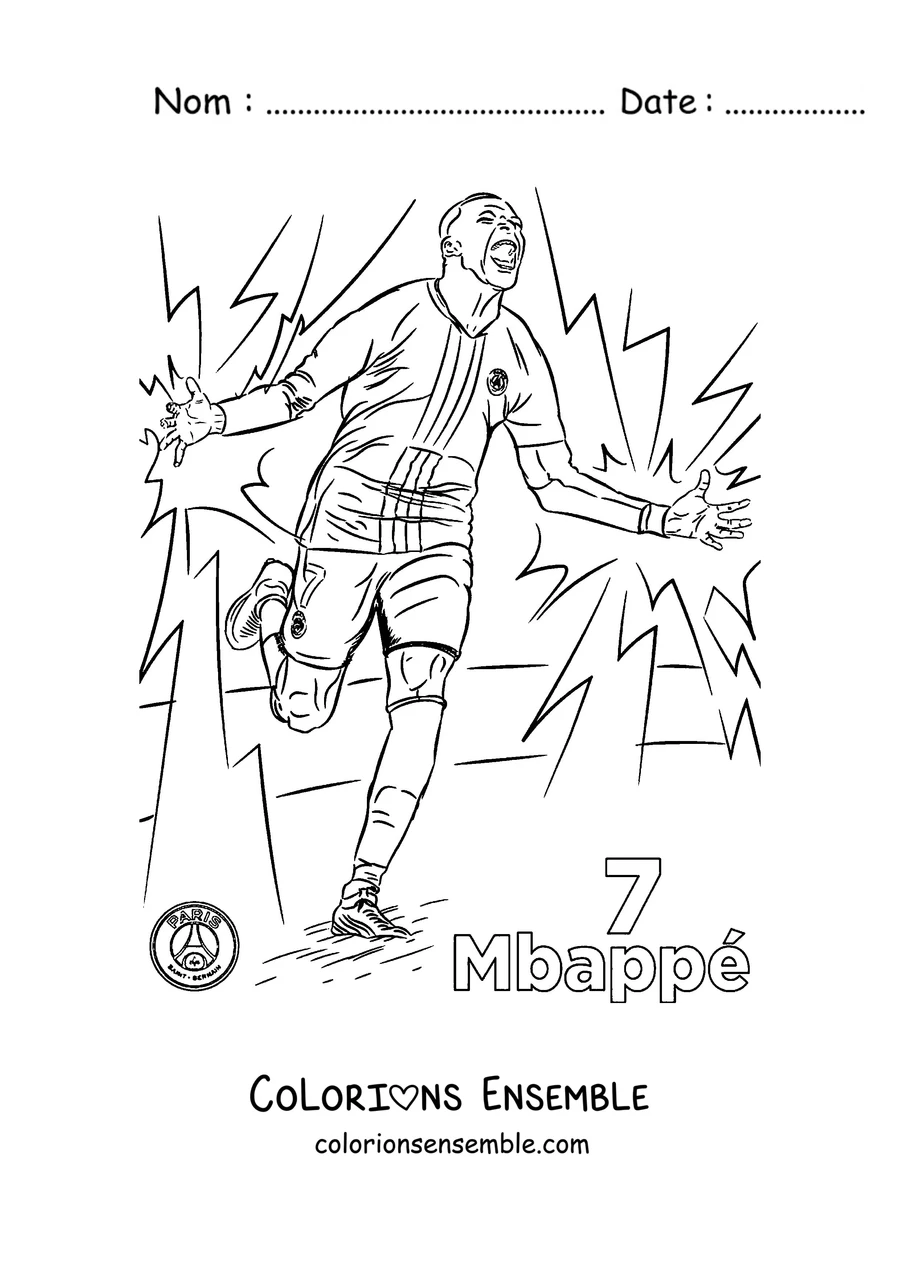 Coloriage de Mbappé célébrant un but avec le maillot numéro 7 du PSG