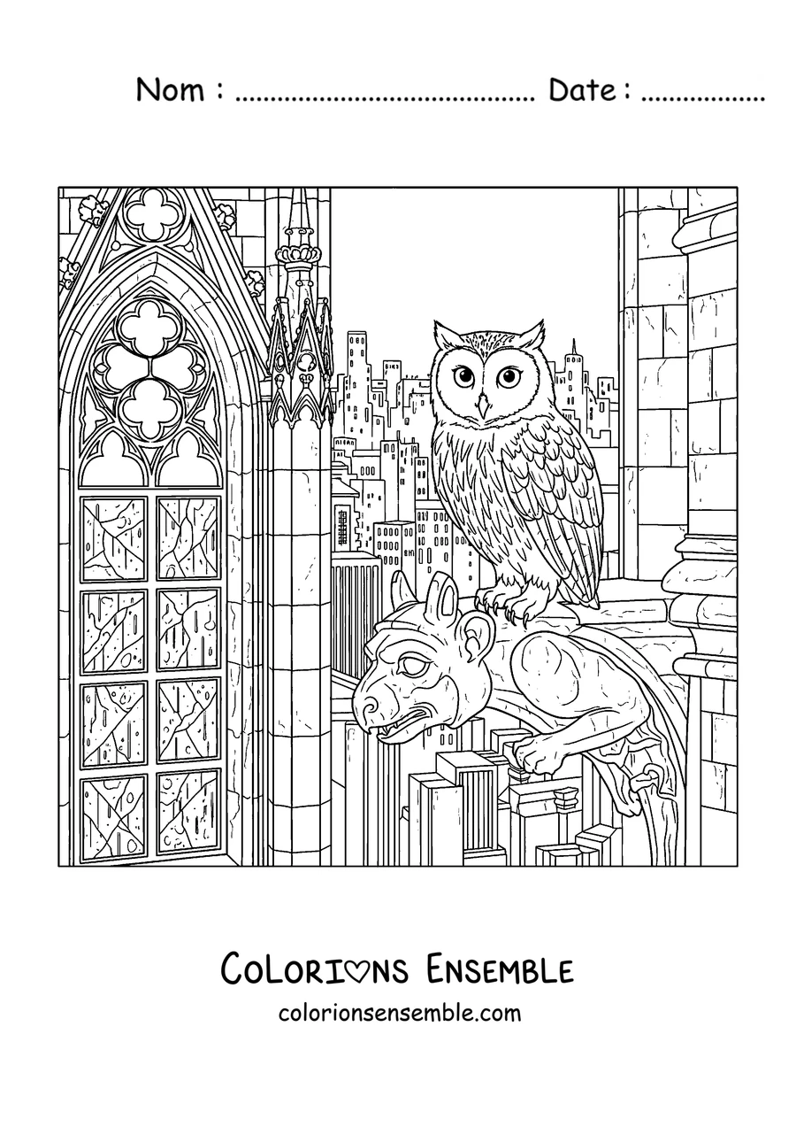 Coloriage d'un Meowl près d'un vitrail gothique