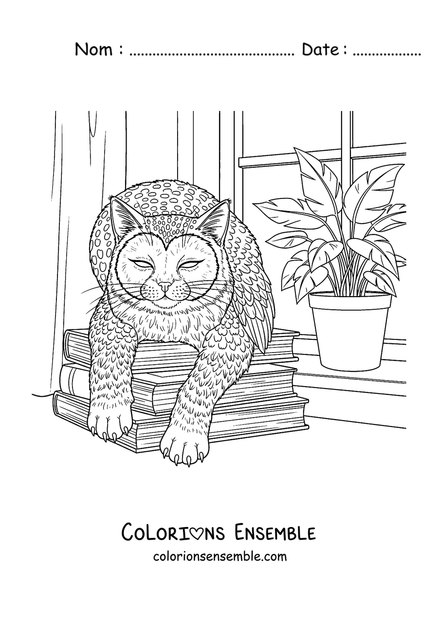 Coloriage d'un Meowl posé sur une pile de livres