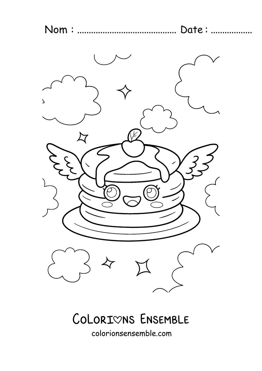 Coloriage d'un pancake avec des ailes volant dans les nuages