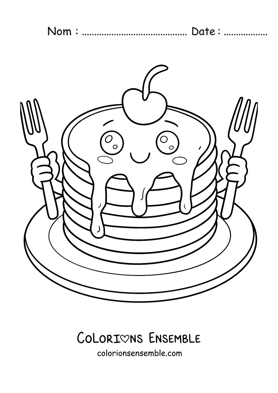 Coloriage d'un pancake souriant avec une cerise sur le dessus