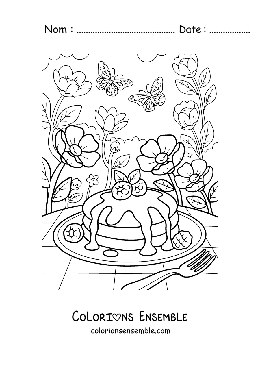 Coloriage de pancakes aux fraises dans un jardin avec des papillons