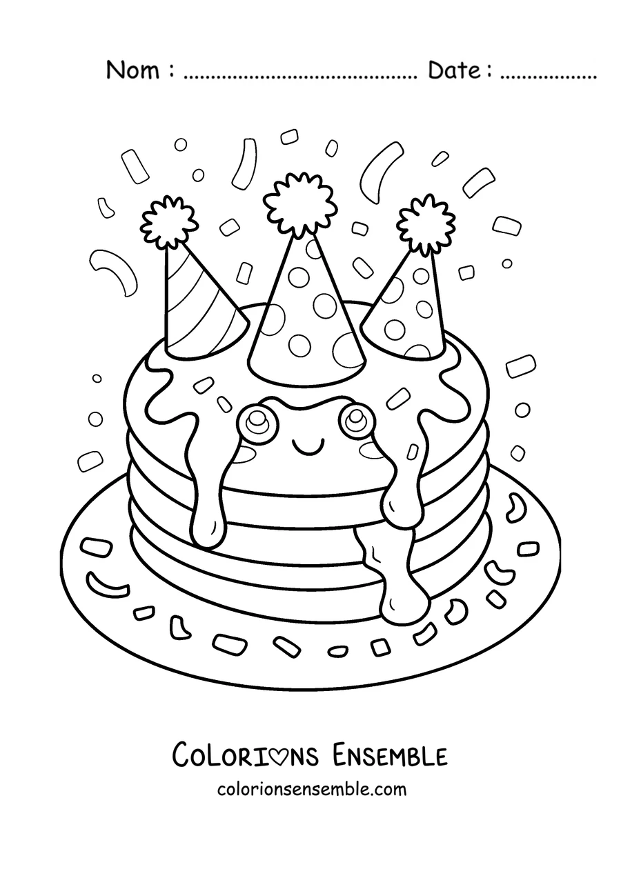 Coloriage de pancakes d'anniversaire avec des chapeaux de fête et des confettis