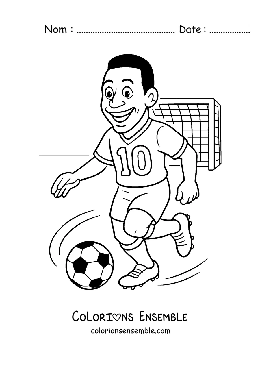 Coloriage de Pelé en dessin animé courant avec le ballon vers le but