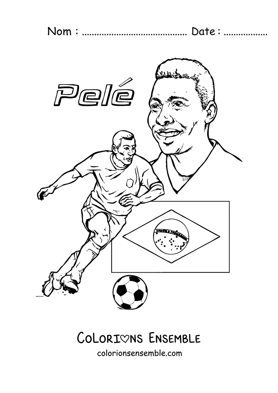Coloriage de Pelé dribblant avec le drapeau du Brésil