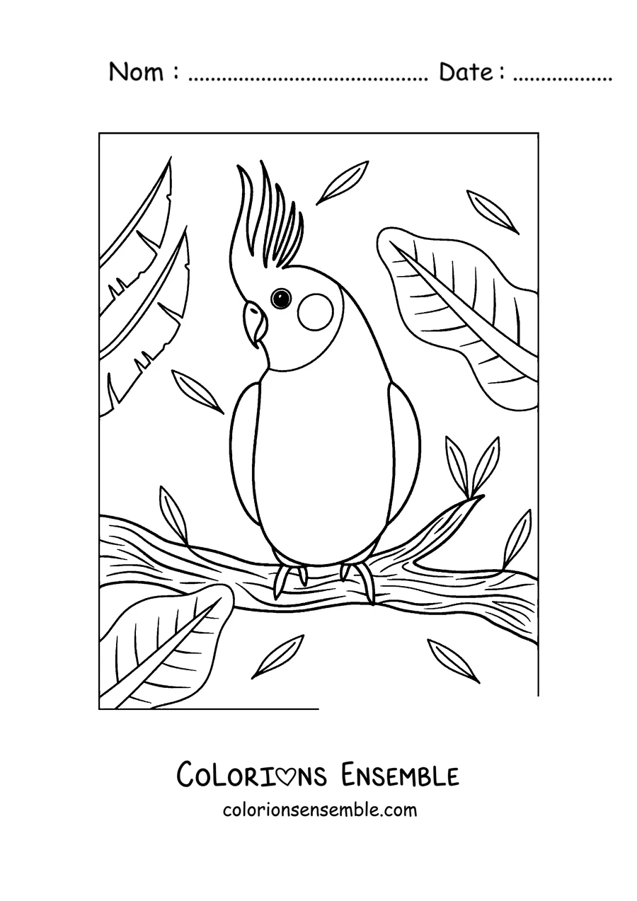 Coloriage d'un perroquet à huppe perché sur une branche