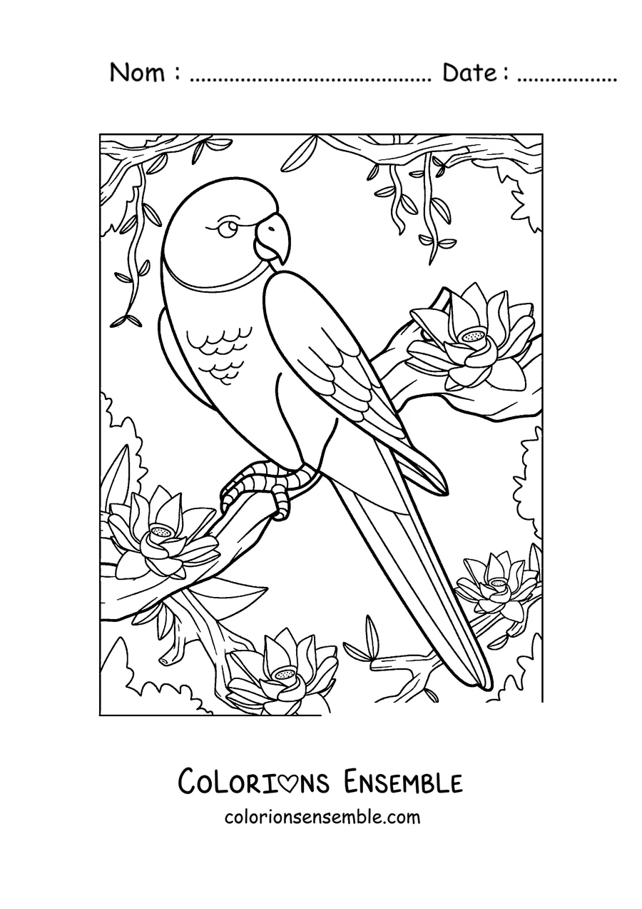 Coloriage d'un perroquet à longue queue perché sur un arbre