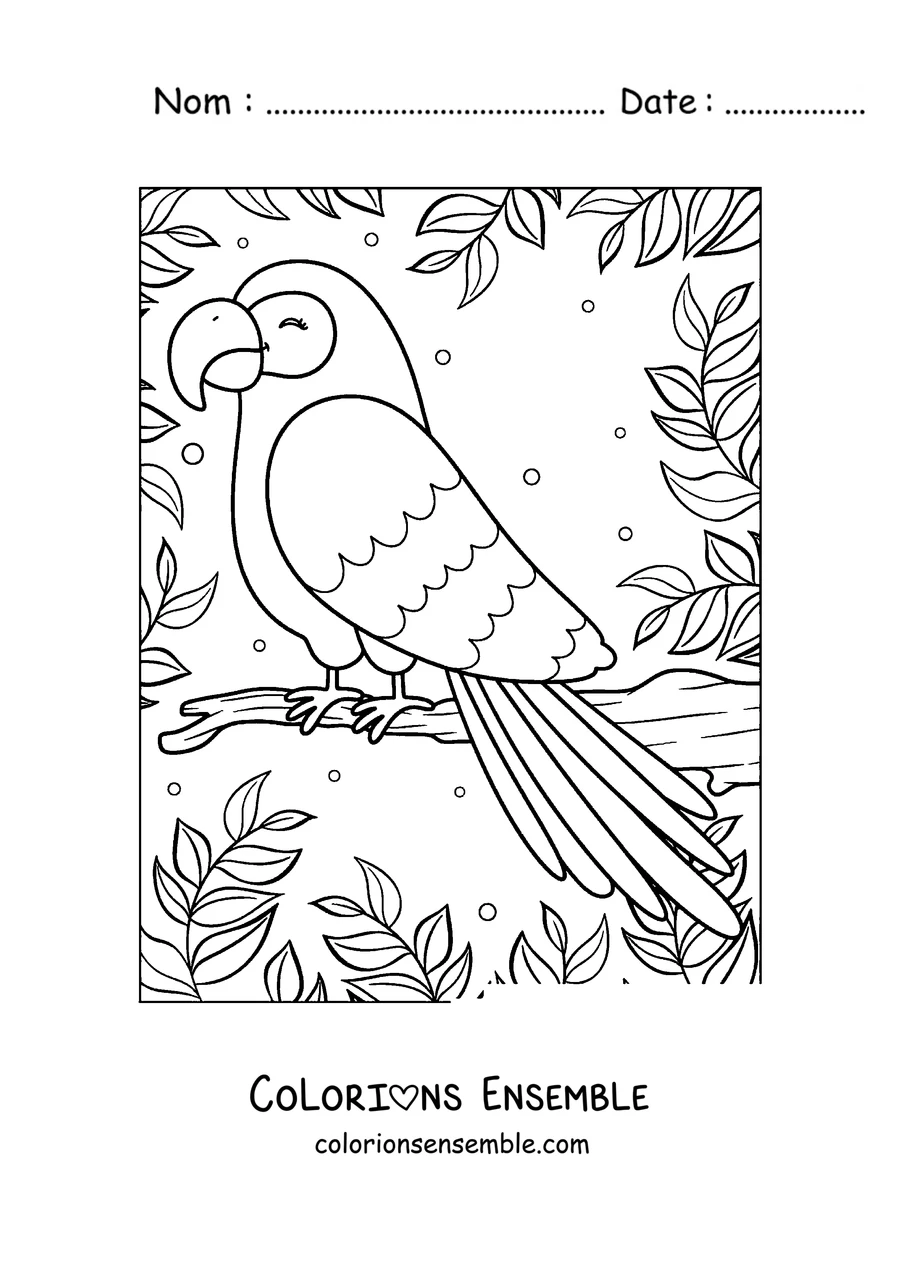 Coloriage d'un perroquet souriant perché parmi les feuilles