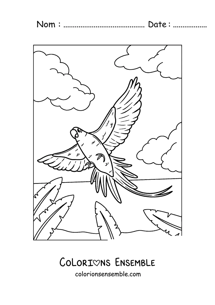 Coloriage d'un perroquet tropical volant au-dessus de la jungle