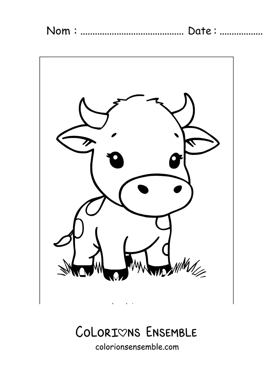 Coloriage de petite vache chibi assise dans l'herbe