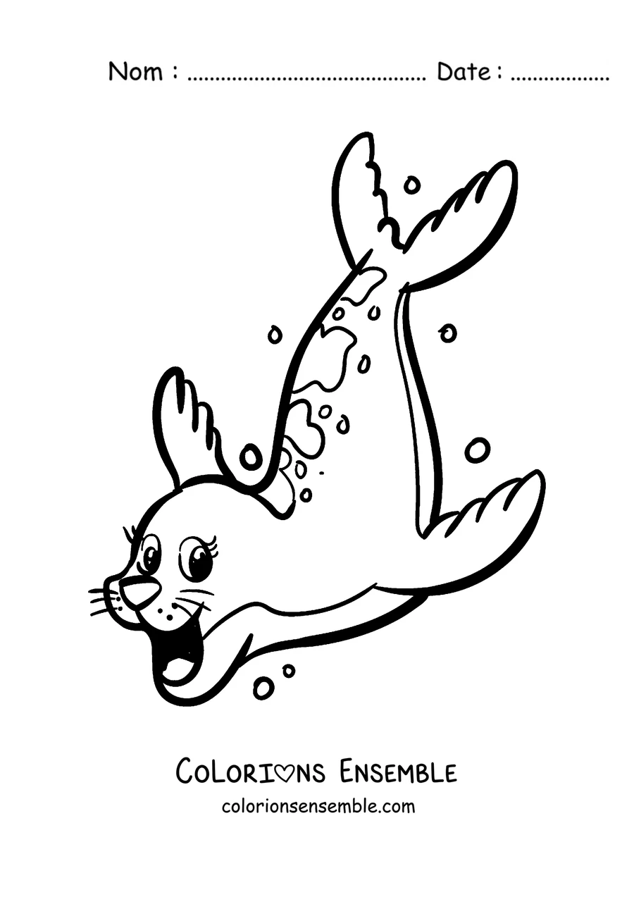 Coloriage d’un phoque plongeant parmi les bulles