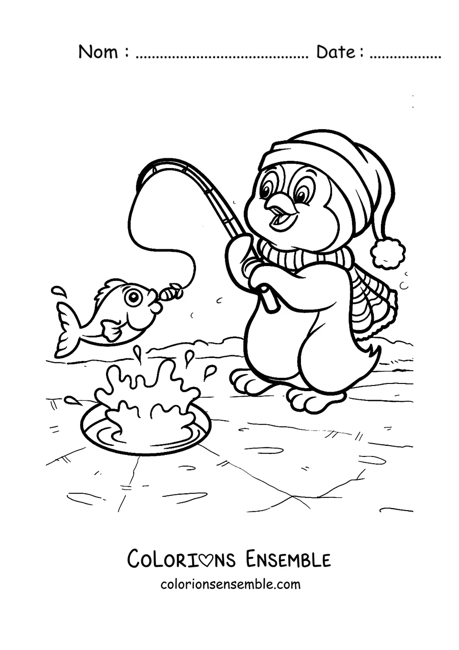 Coloriage d'un pingouin qui pêche sur la glace
