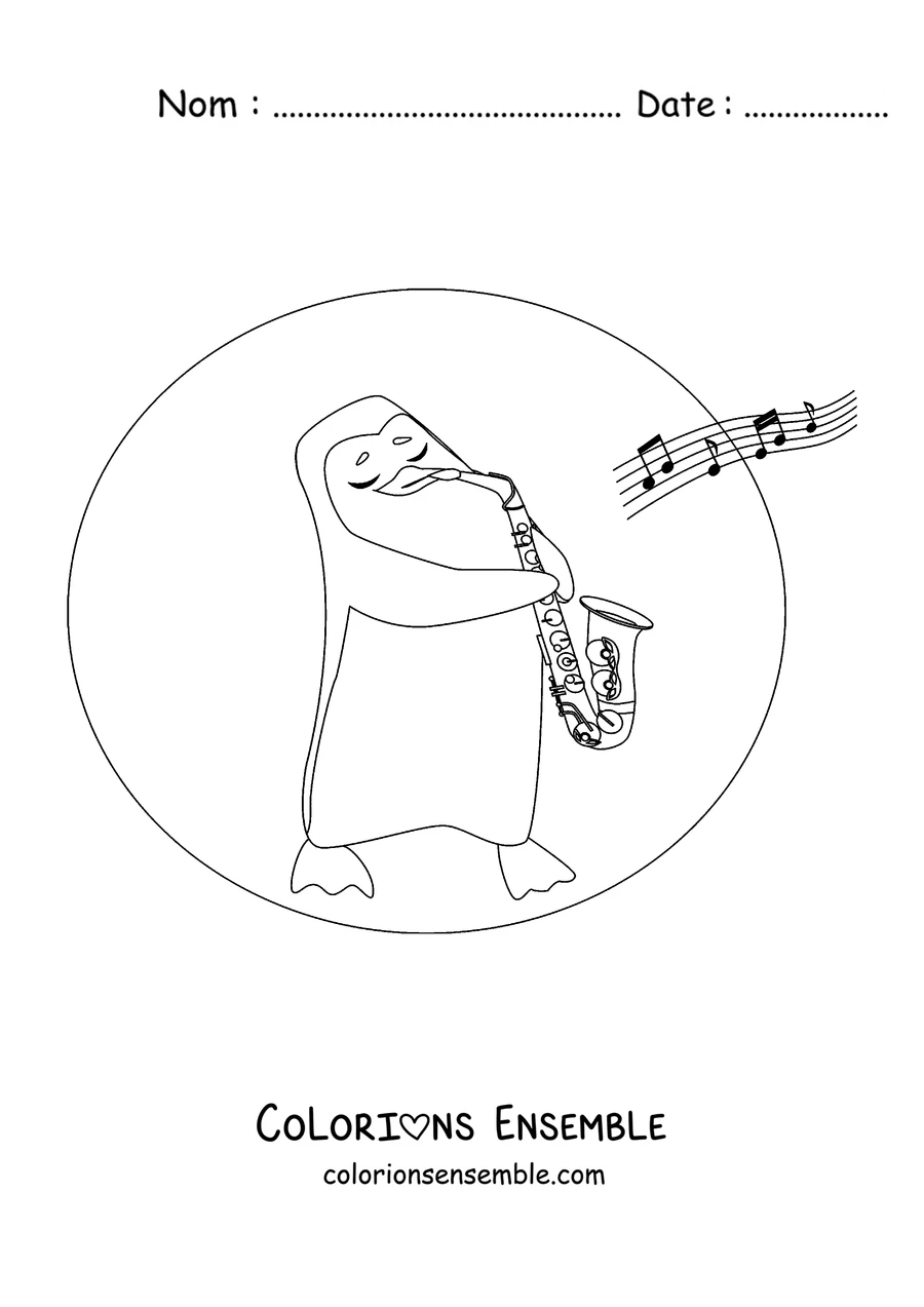 Coloriage d'un pingouin qui joue du saxophone