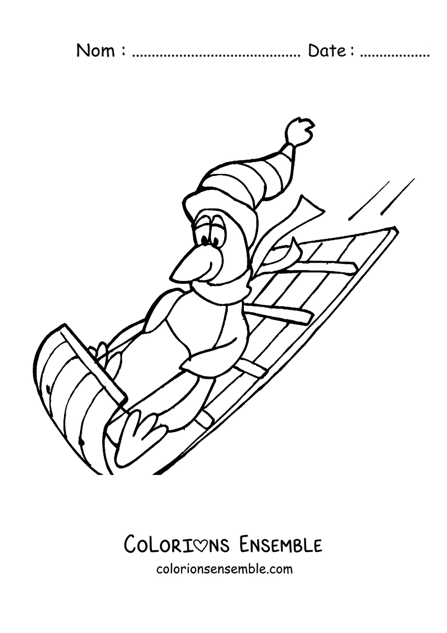 Coloriage d'un pingouin qui descend en luge