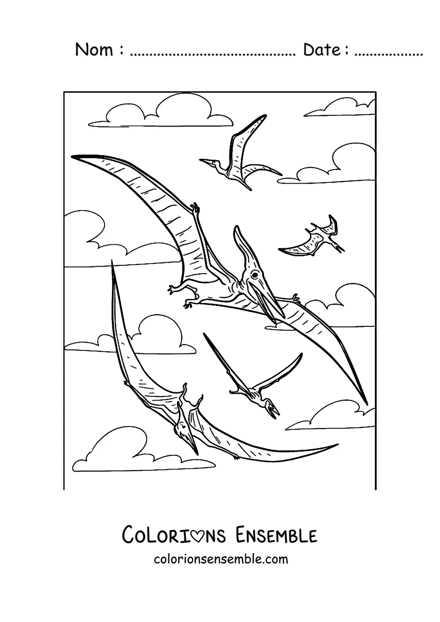 Coloriage de plusieurs ptérodactyles volant ensemble dans le ciel