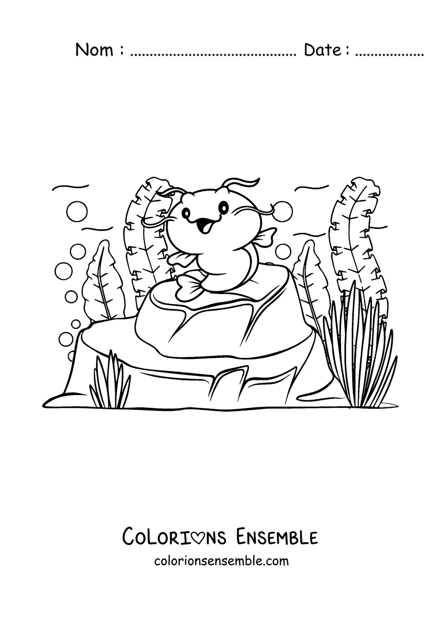 Coloriage d'un bébé poisson-chat assis sur un rocher