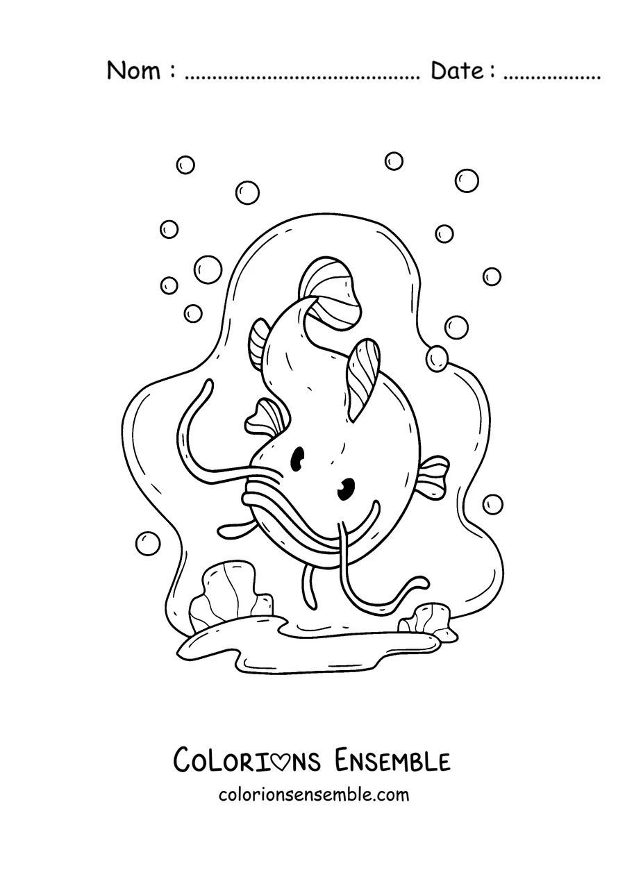 Coloriage d'un poisson-chat mignon nageant parmi les bulles
