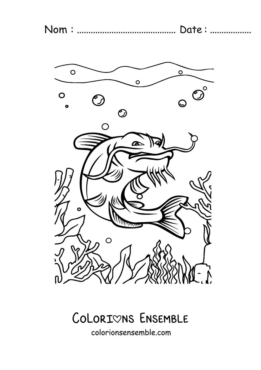 Coloriage d'un poisson-chat parmi les coraux du fond marin
