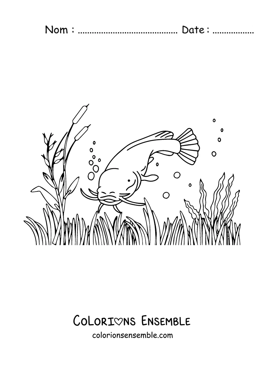 Coloriage d'un poisson-chat nageant parmi les roseaux